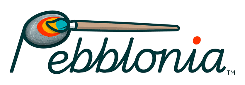 Pebblonia logo with paintbrush and palette.