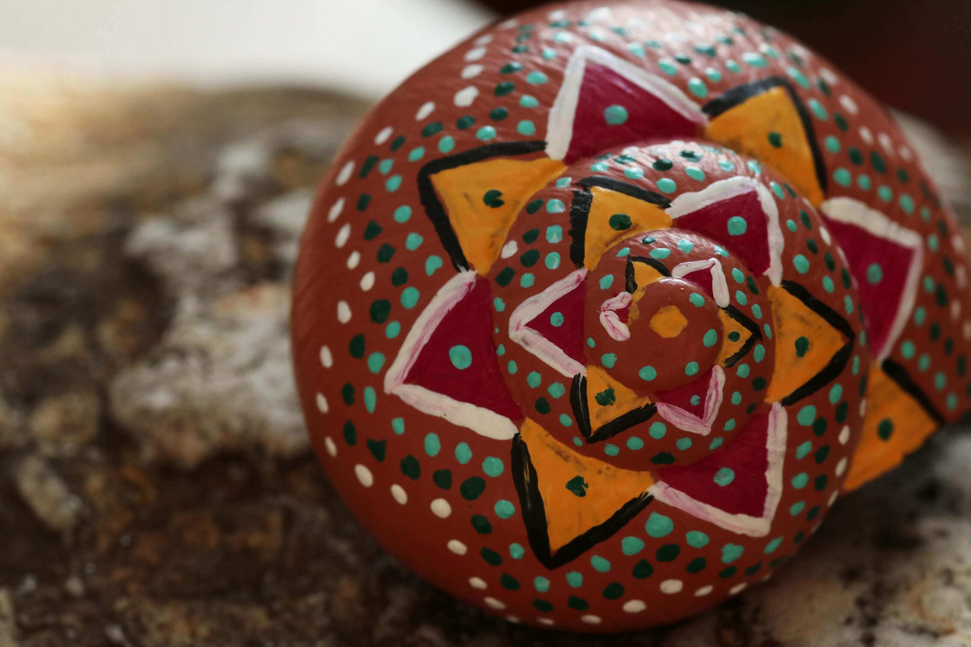 Colorful painted snail shell with geometric patterns.